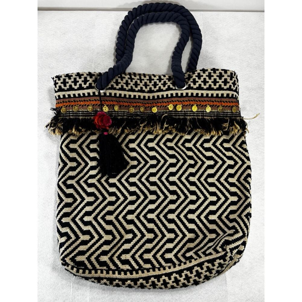 Boho Tribal Jute‎ Tote Bag Fringe Tassel Coin Detail Woven Beach Market Bag